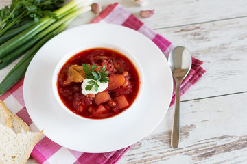 Beetroot soup. Traditional Ukrainian and Russian cuisine, soup cooked with beets and tomatoes.