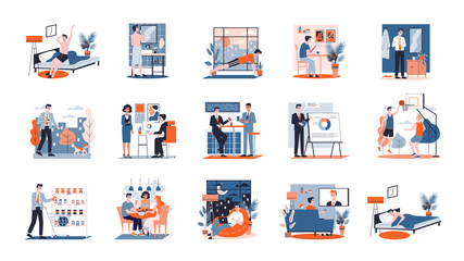 Daily routine of a man set. Guy having breakfast