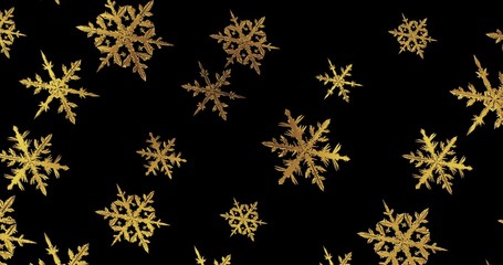 Golden snowflakes on black background. New year wallpaper. 3d render