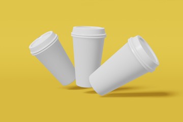 Three paper cup mockup with a lid flies on a grey background. 3D rendering