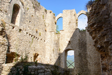 Ruins of the abandoned castle Rocca di Piediluco on the hill of Piediluco.