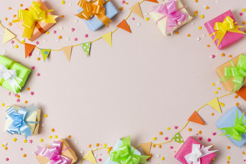 Top view colorful gifts on table