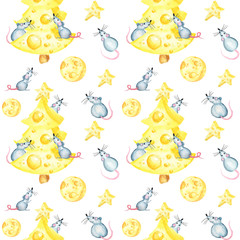 Seamless pattern with Watercolor cartoon hand drawing cheese and Rat symbol of the Chinese horoscope 2020 year on a white background. Scrapbooking new year paper