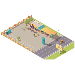 Isometric roadside cafe and gas station buildings, road cafeteria with car and bcycle parking, terrace area with tables, menu, petrol price signboard. Coffee shop for travelers, 3d vector illustration