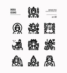 India icon set 3. Include India Spiritual, Hindu, Buddhism and more. Outline icons Design. vector illustration