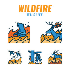 Fototapeta premium Wild animals with wildfires. Flat design icons. vector illustration