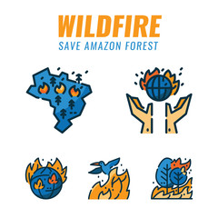 Save amazon forest and wild animals form wildfires. Filled outline icons design. vector illustration