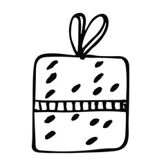gift box hand drawn in graphic black and white style on a white background isolated for use in design, doodle style, sticker, new year, christmas, greeting card