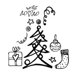 graphic minimalistic hand-drawn black and white drawing of a Christmas tree, gift box, decorations for the new year on a white background, isolated for use in design, cards, stickers, set