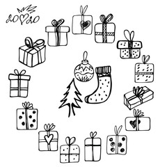 hand drawn in graphic style gift box and tree icon set on white background isolated for use in design, doodle style, new year, christmas, greeting card, sticker