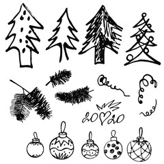 hand drawn in graphic scandinavian style set of icons Christmas trees and Christmas balls on a white background isolated for use in design, doodle style, New Year, Christmas, greeting cards, stickers