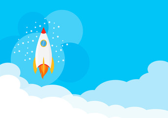 Rocket ship is flying rocket, start up and development process concept vector illustration in flat style. Rocket in the clouds. creative idea.