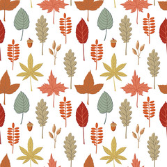 Seamless pattern with fall, autumn coloured leaves, twigs and spikelets on white background, seasonal backdrop design