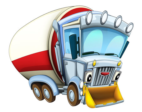 cartoon happy cistern truck with snow plow isolated on white background - illustration for children