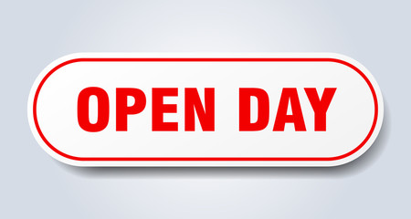 open day sign. open day rounded red sticker. open day