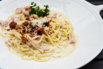 Spaghetti carbonara white sauce, italian food