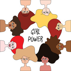 Different girls with long hair. Different hair color. Women are friends. Girl power. Vector on white background