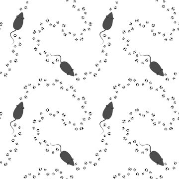 Mouse, rat paw prints minimalistic seamless pattern. Black and white vector illustration.