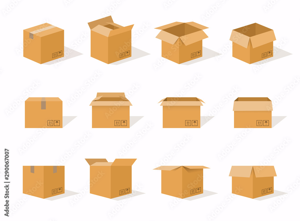 Poster carton delivery packaging open and closed box with fragile signs. cardboard box mockup set.