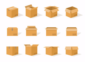 Carton delivery packaging open and closed box with fragile signs. Cardboard box mockup set. - obrazy, fototapety, plakaty