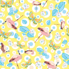 Exotic jungle flamingo pastel dot seamless summer pattern. Boanical leaf and flamingo bird in pastel blue and pink tones. For fashion, fabric, wallpaper, packaging design, stationary.