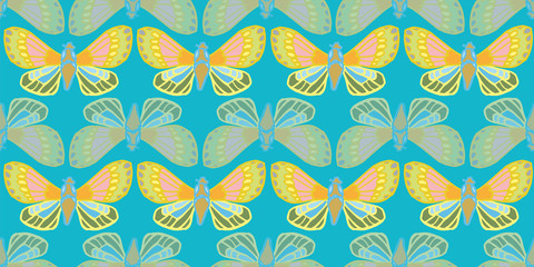 Exotic jungle butterfly seamless summer pattern. Hand drawn butterfly on turquoise backgpound. For fashion, fabric, wallpaper, packaging design, stationary.