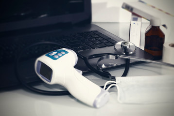 Stethoscope in the office of doctors.Top view of doctor's desk table,
