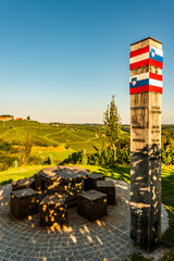 Fototapeta premium Glanz, Austria Border between Austria and Slovenia, scenery vineyard along the south Styrian vine route named suedsteirische weinstrasse in Austria.