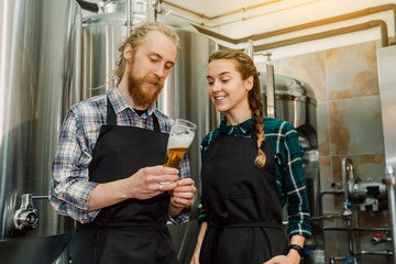 Brewery workers looking at freshly made beer in glass tube and discussing it. Male and female brewer testing beer at brewery factory. 4k. Small business concept. - Powered by Adobe