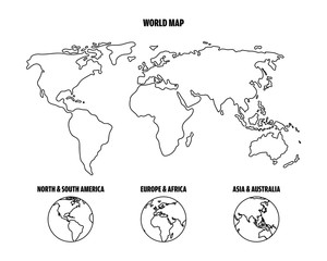 Outline world map and World map in Hemispheres. Graphic sketch doodle style.