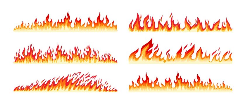 Fire borders on white. Cartoon flame banner border elements, orange burn bounds, blazing line vector images isolated
