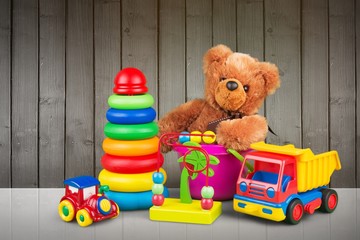 Colorful toys collection on  background