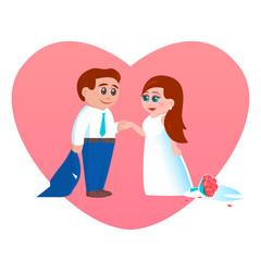 Happy newlyweds after the wedding were left alone for the wedding night and love. Hold hands. A bouquet of roses on the floor. Vector romantic illustration on heart background.