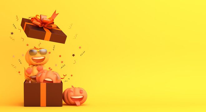 Cute cartoon pumpkin, gift box, confetti on orange background. Design creative concept of happy halloween celebration holiday. 3D rendering illustration.