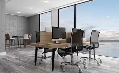 Large spacious office with concrete walls. Open space.