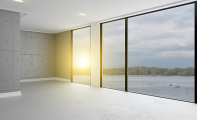 Meeting room in shades of gray. Open space. Great office. Sunset.