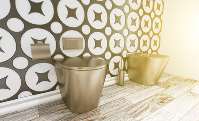 3D rendering. Bright bathroom with metal tiles on the wall. Bronze toilet and bidet. Wood floor. Sunset