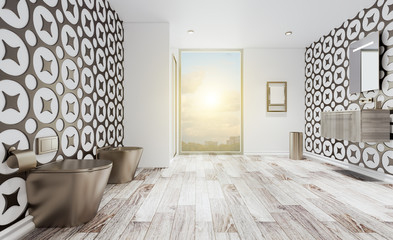 3D rendering. Large bright bathroom with chrome tiles. A shower stall in the corner. Toilet bowl and bidet made of metal.. Sunset