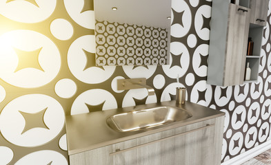 3D rendering. Bathroom furniture made of light wood. Bronze washbasin.. Sunset