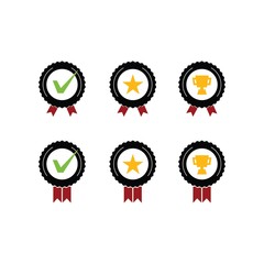 Medal vector icon logo and  ribbon tape. With check mark, star, and champion win cup in middle. For certificate, licence, guarantee product and aggreement, vintage modern look. 