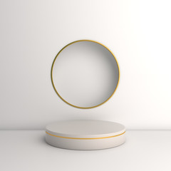 White and gold round podium pedestal on studio lighting minimal background. Design creative concept product display mock up. 3D rendering illustration.
