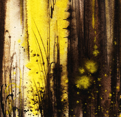 Abstract watercolor background. Expressive brown strokes of different thicknesses. Large yellow stripe. Lines and spreading spots. Contemporary art painting. Hand drawn watercolor illustration