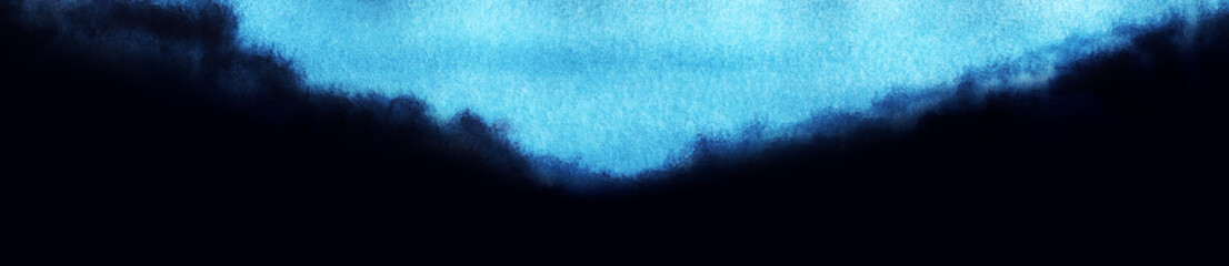 Abstract watercolor background. Dark black shapeless flowing cloud. inverted blue triangle. Night sky. Long banner format. Hand drawn watercolor illustration