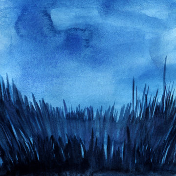 Abstract watercolor background. Dark evening night sky. Thick grass silhouette with glaze. Square format. Hand drawn watercolor illustration