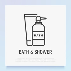 Bath and shower treatments: glass bottle with dispenser and plastic tube. Shower gel, liquid soap. Thin line icon. Modern vector illustration for beauty shop.