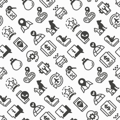 Taxi app seamless pattern with thin line icons: payment method, promocode, app settings, info, support service, phone number, location, pointer, route, destination, child seat. Vector illustration.