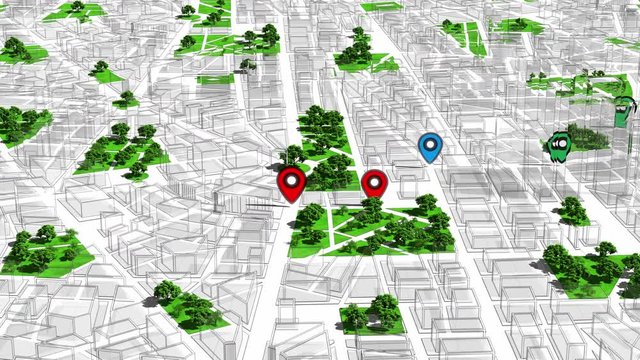 Geotargeting, Map GPS Localization. Pin Navigation Icons Appear on the City Map. Seamless Loop.
