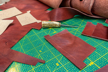 Creating sewing leather handmade wallet leathercraft. Pattern, tools, leather