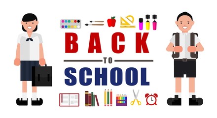 Back to school vector banner design with a education items. Vector illustration. Flat vector.