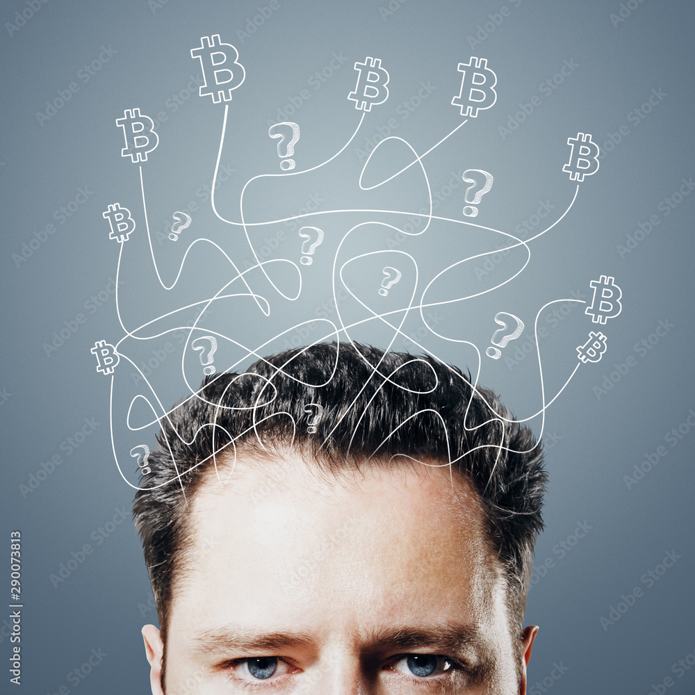 Poster bitcoin rate concept with man head with bitcoin and question signs above at grey background.